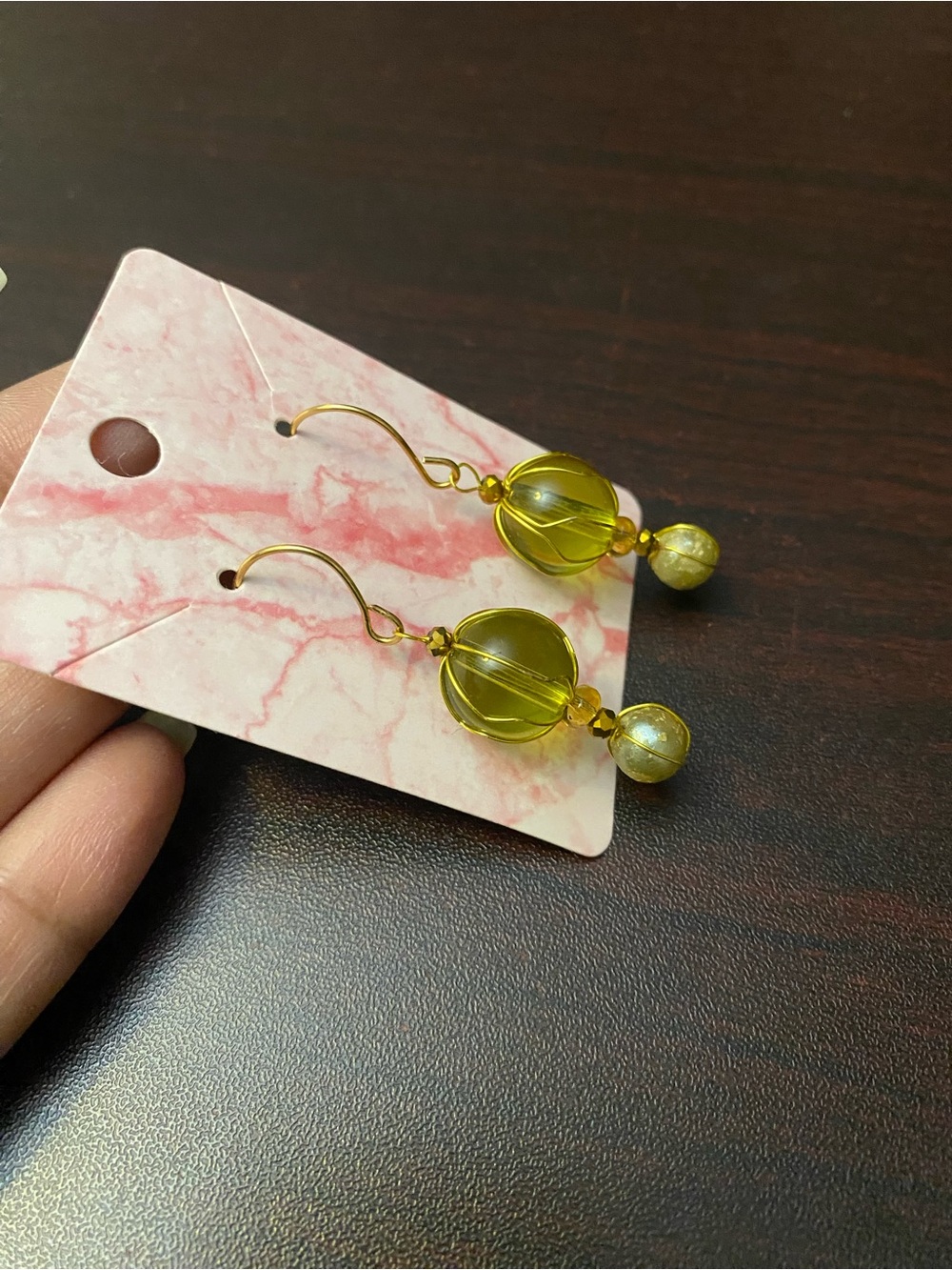 Yellow Glass Bead Drop Earrings with Gold Hooks
